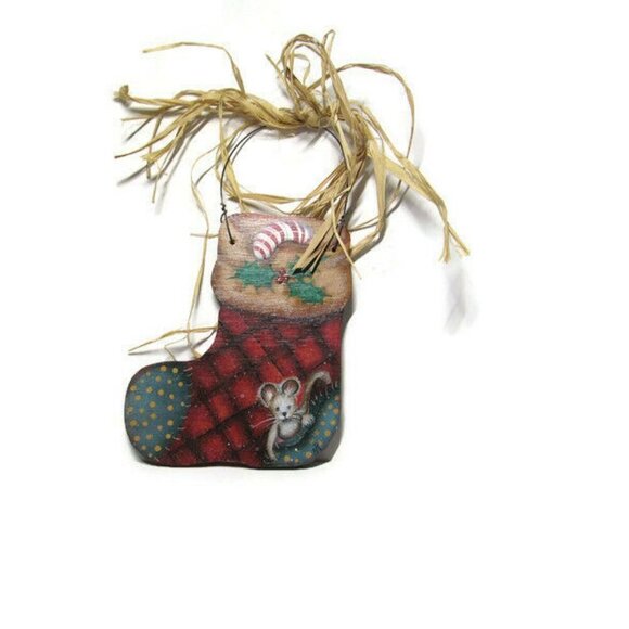 Christmas Folk Art Tole Painted Wooden Stocking - Picture 1 of 4